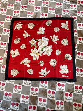 Tiffany & Co. Red Silk Scarf with Black Border and White Floral